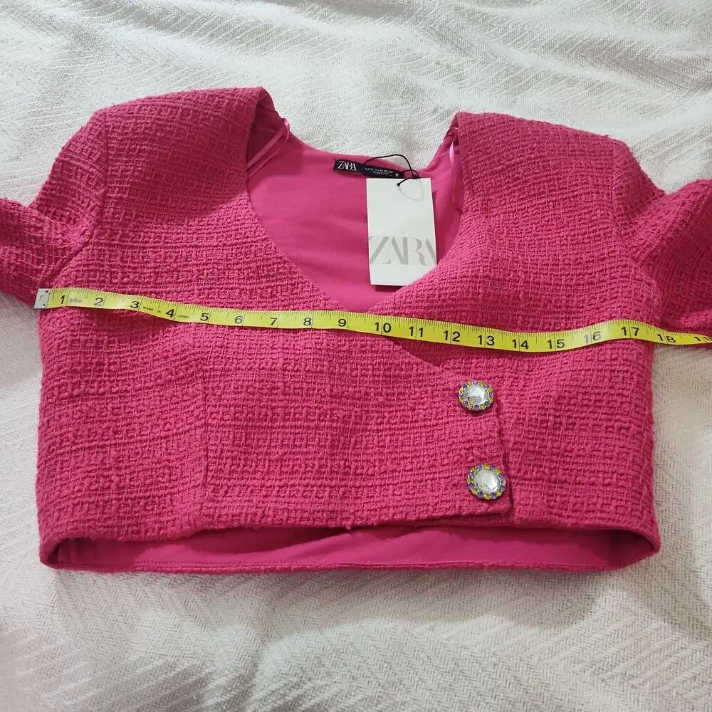Zara Blouse Womens Medium Pink Cropped V Neck Rhinestone Button Long Sleeve NWT